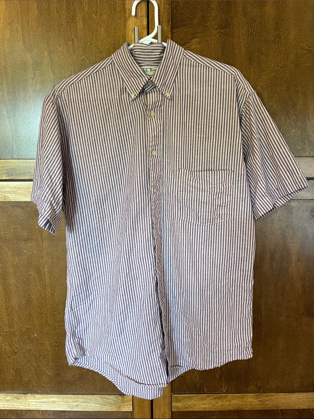L.L. Bean Men's Short Sleeve Button-Down Shirt - Red and White Stripes